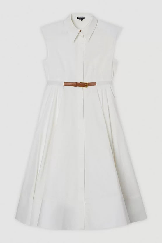 Tailored Cotton Belted Collared Full Midi Dress