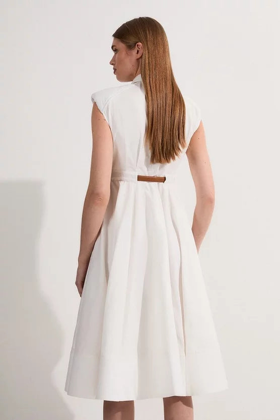 Tailored Cotton Belted Collared Full Midi Dress