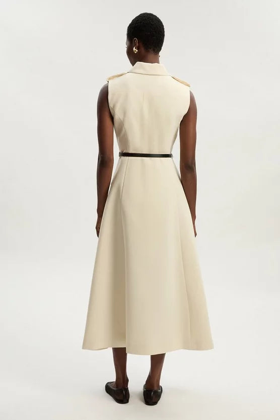 Tailored Crepe Sleeveless Button Front Tailored Shirt Midi Dress