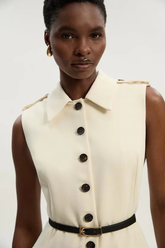 Tailored Crepe Sleeveless Button Front Tailored Shirt Midi Dress