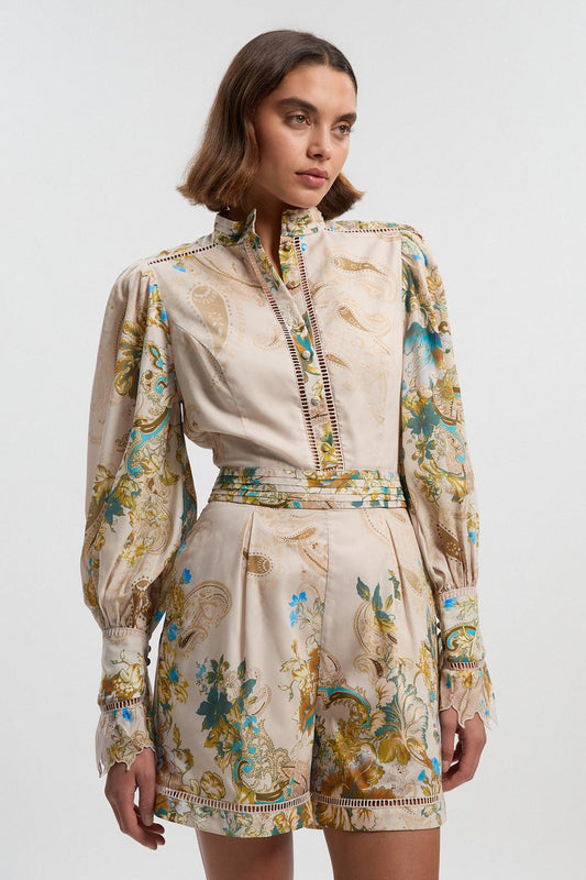 Voile Floral Border Print Woven Playsuit With Ladder Lace Trim