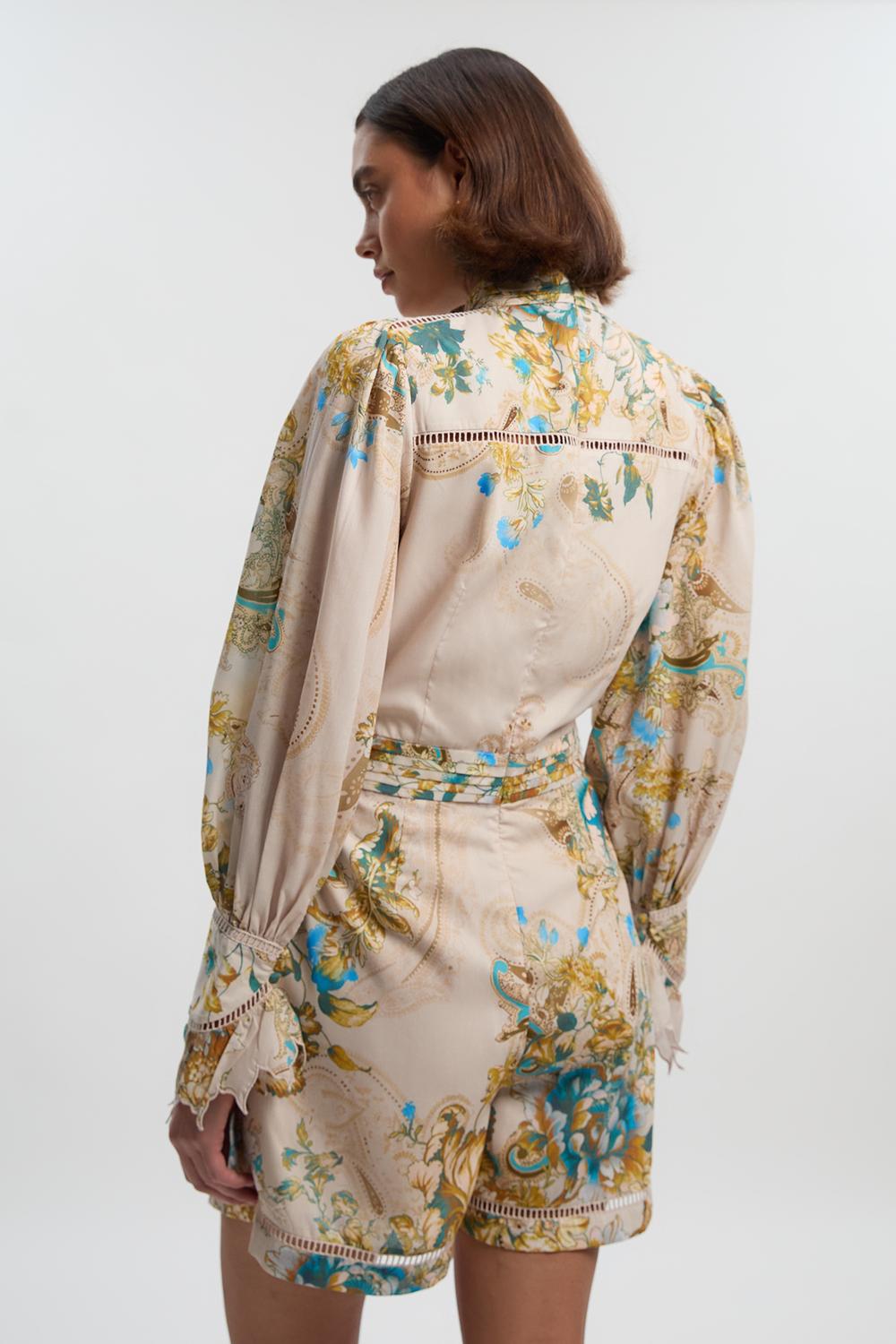 Voile Floral Border Print Woven Playsuit With Ladder Lace Trim