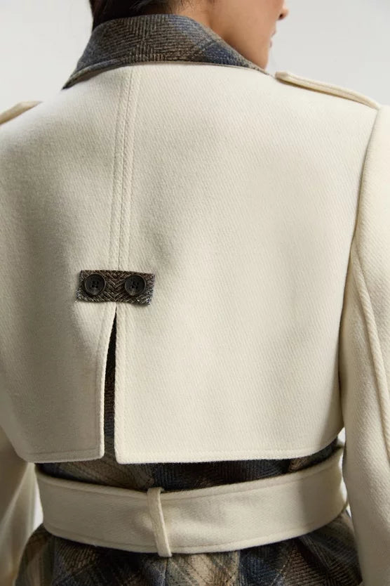 Wool Check Tailored Belted Trench Midi Coat