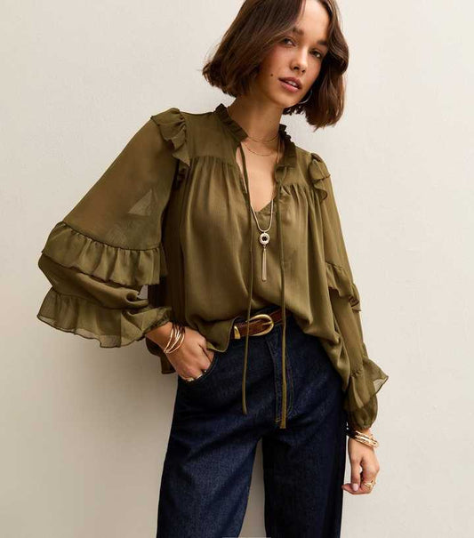 Khaki Chiffon Frilly Trimmed Keyhole Neck Blouse