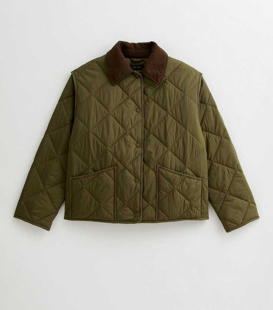 Khaki Corduroy Collar Quilted Jacket