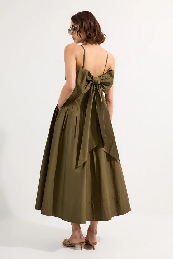 Cotton Poplin Maxi Strapless Sundress With Bow Tie At Back