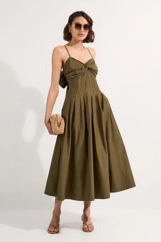 Cotton Poplin Maxi Strapless Sundress With Bow Tie At Back