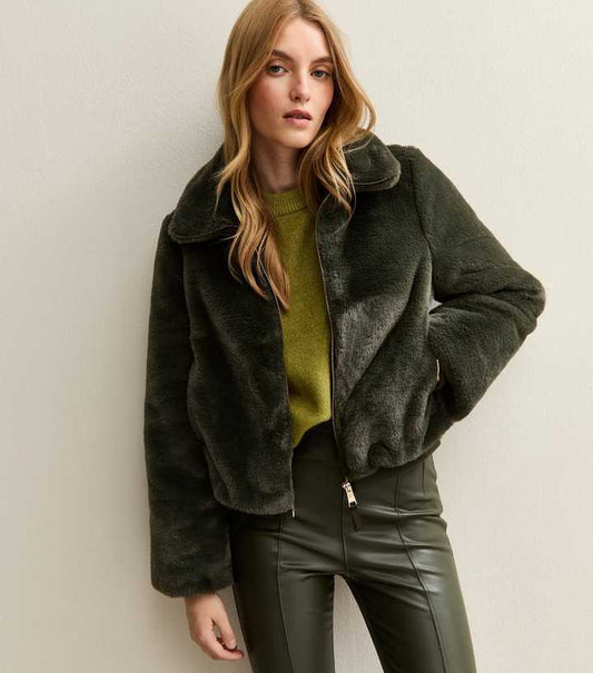 Khaki Faux Fur Bomber Jacket
