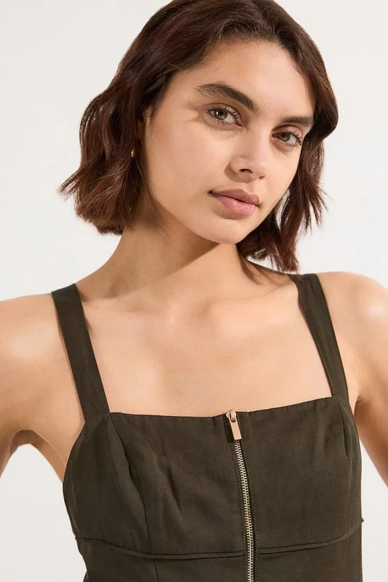 Linen Twill Top Stitch Strappy Woven Zip Front Midi Dress