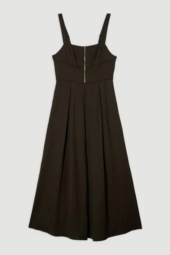 Linen Twill Top Stitch Strappy Woven Zip Front Midi Dress