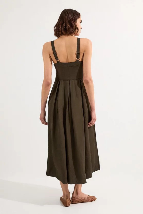 Linen Twill Top Stitch Strappy Woven Zip Front Midi Dress