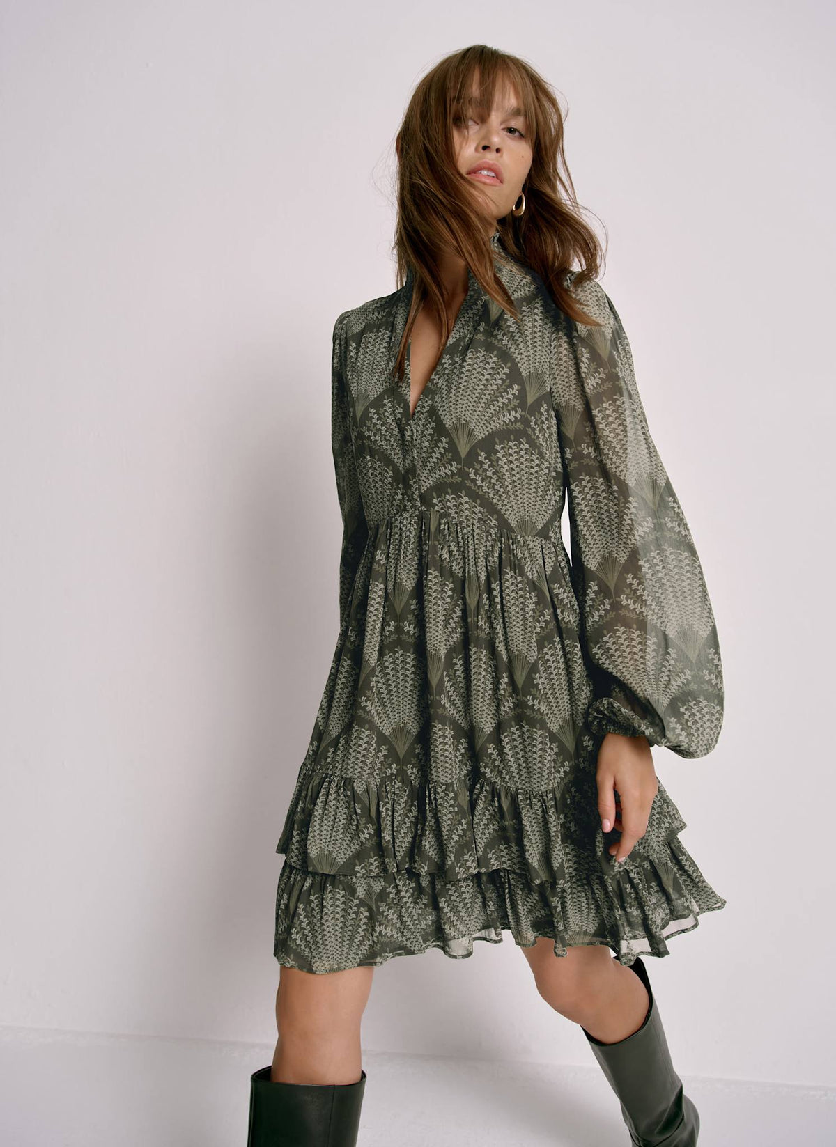 Khaki Printed Long Sleeve Mini Dress