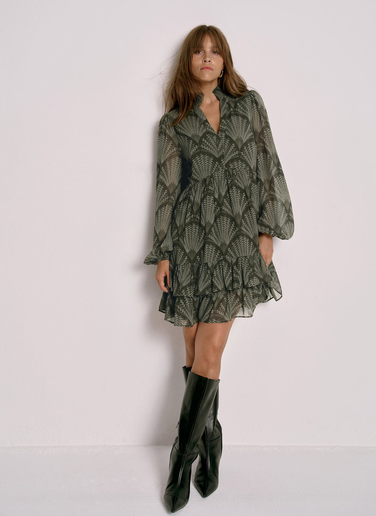 Khaki Printed Long Sleeve Mini Dress