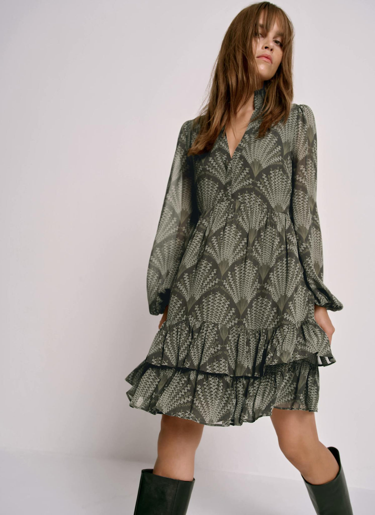 Khaki Printed Long Sleeve Mini Dress