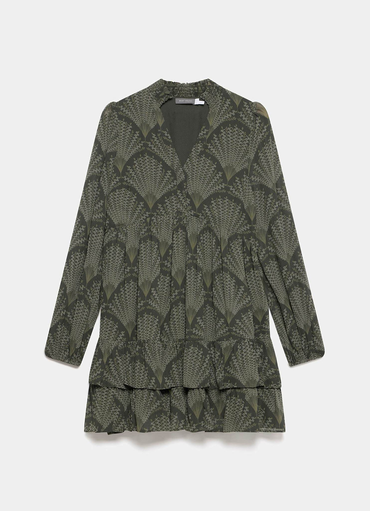 Khaki Printed Long Sleeve Mini Dress