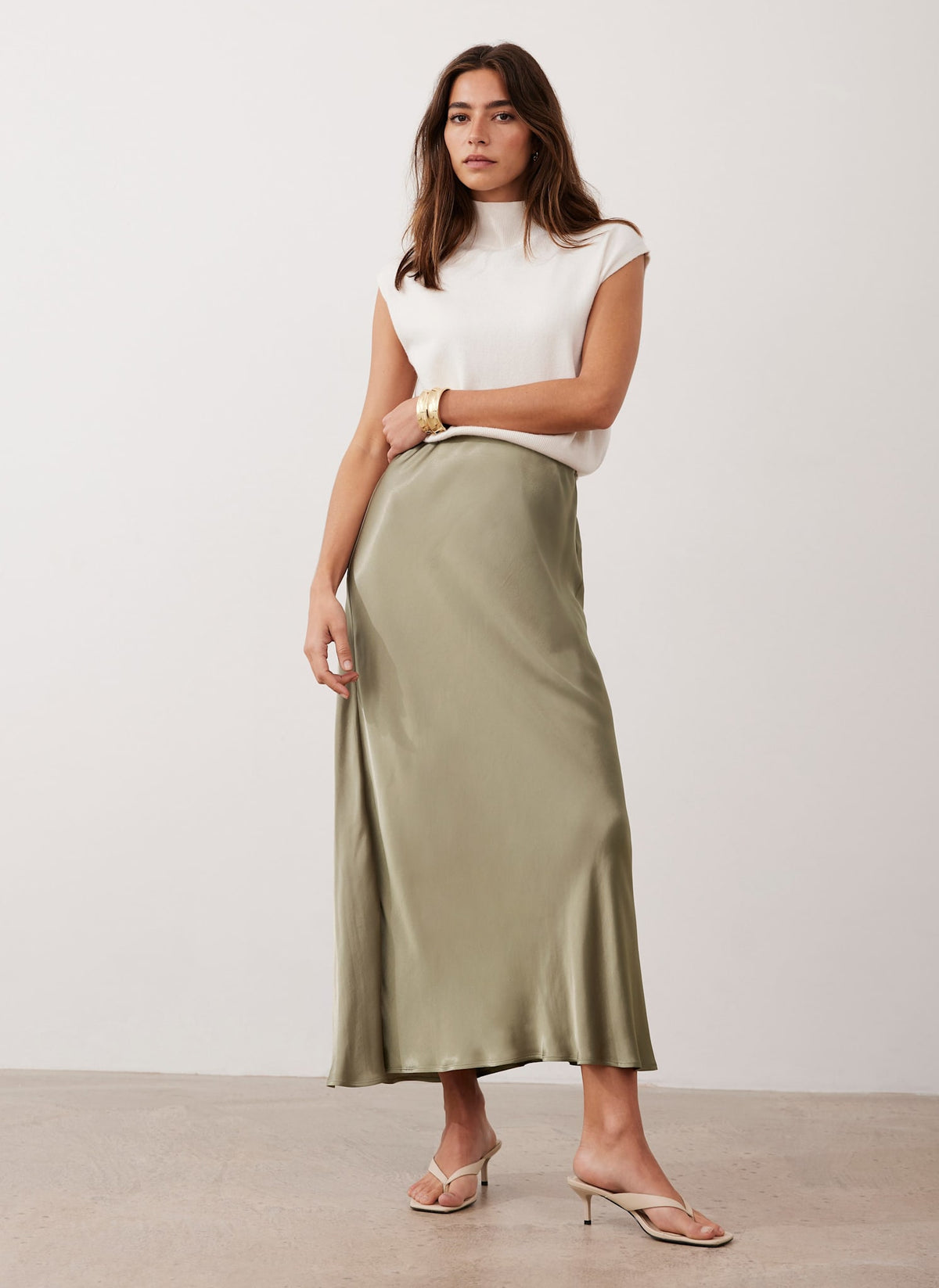 Khaki Satin Slip Midi Skirt