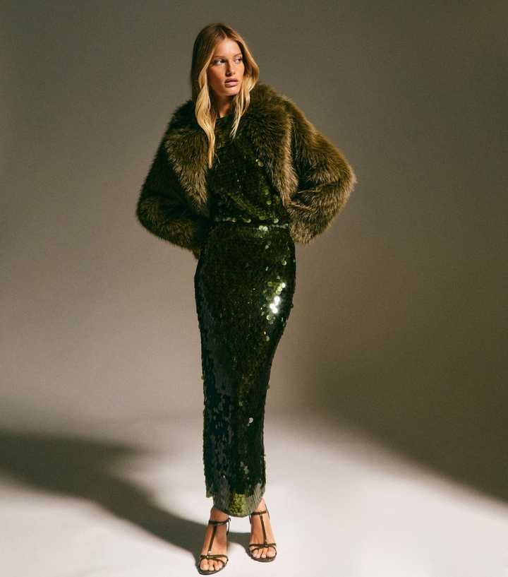 Khaki Sequin Midi Skirt