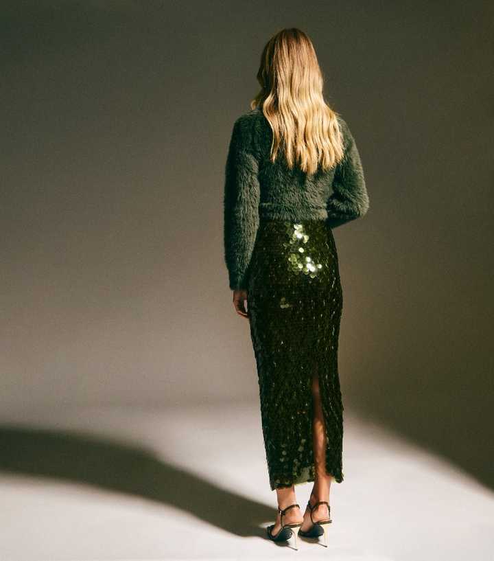Khaki Sequin Midi Skirt