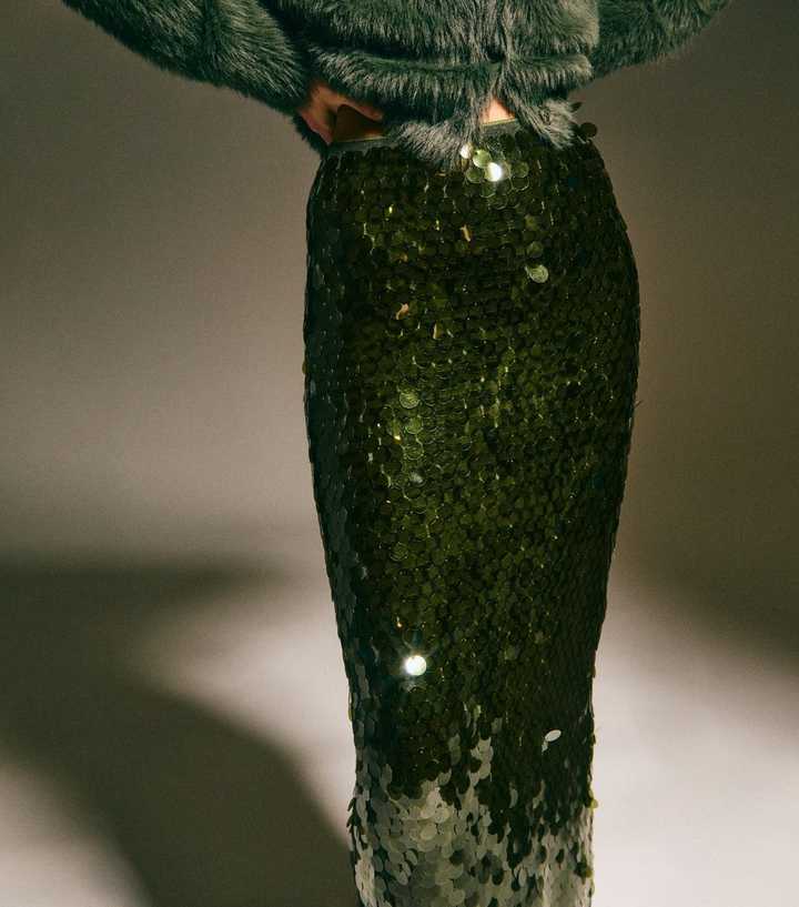 Khaki Sequin Midi Skirt