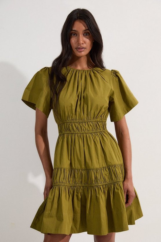 Shirred Cotton Tiered Woven Mini Dress