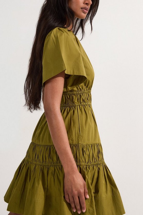 Shirred Cotton Tiered Woven Mini Dress