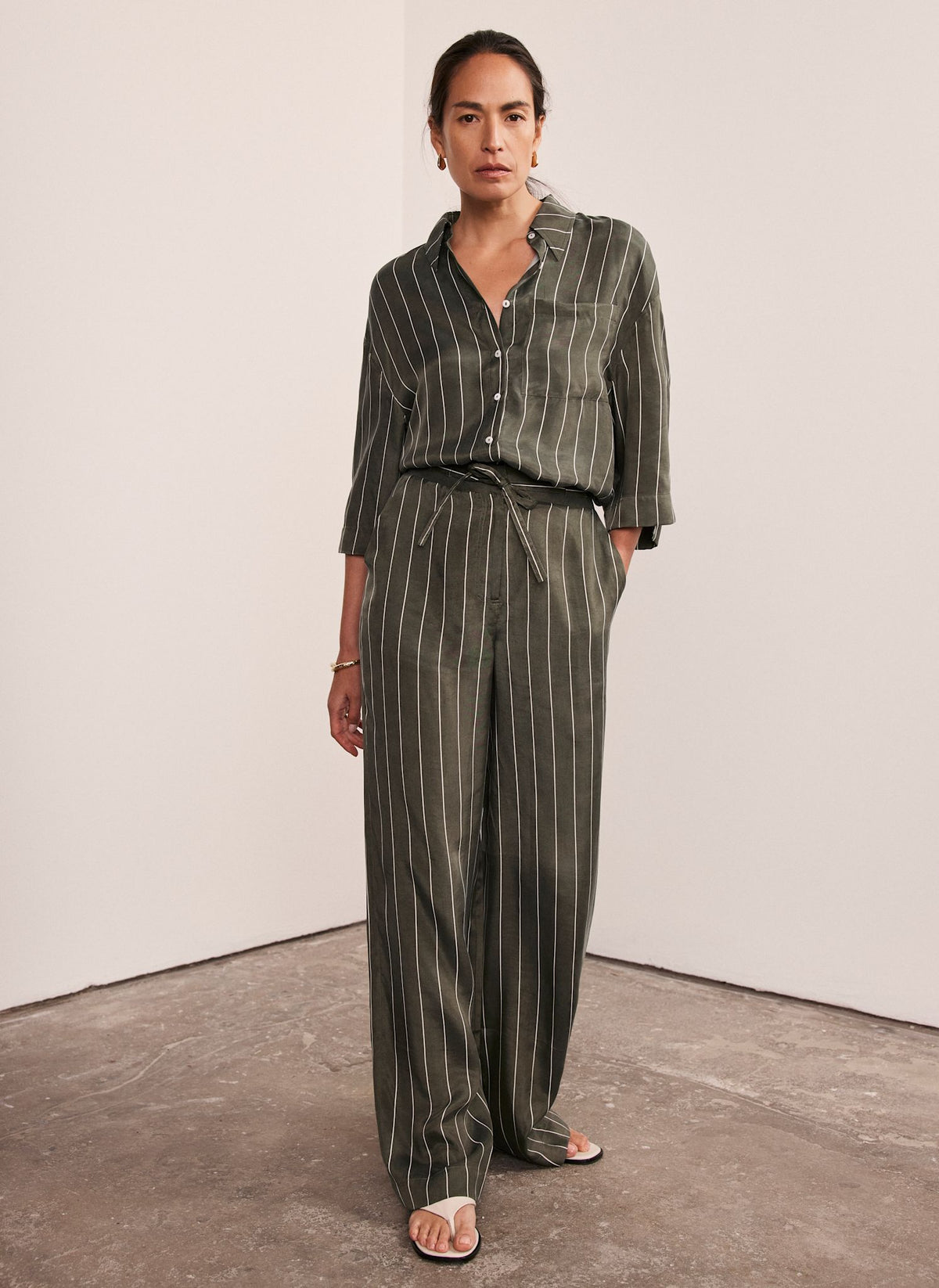 Khaki Striped Wide Trousers