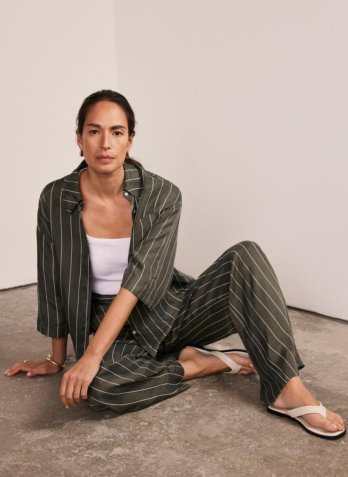 Khaki Striped Wide Trousers
