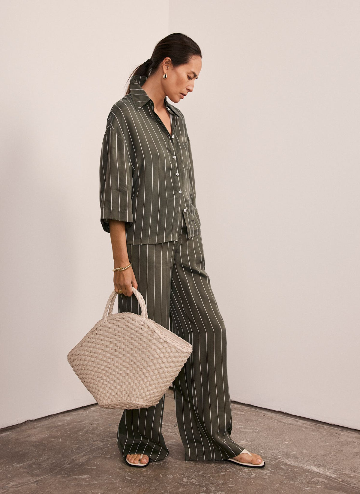 Khaki Striped Wide Trousers