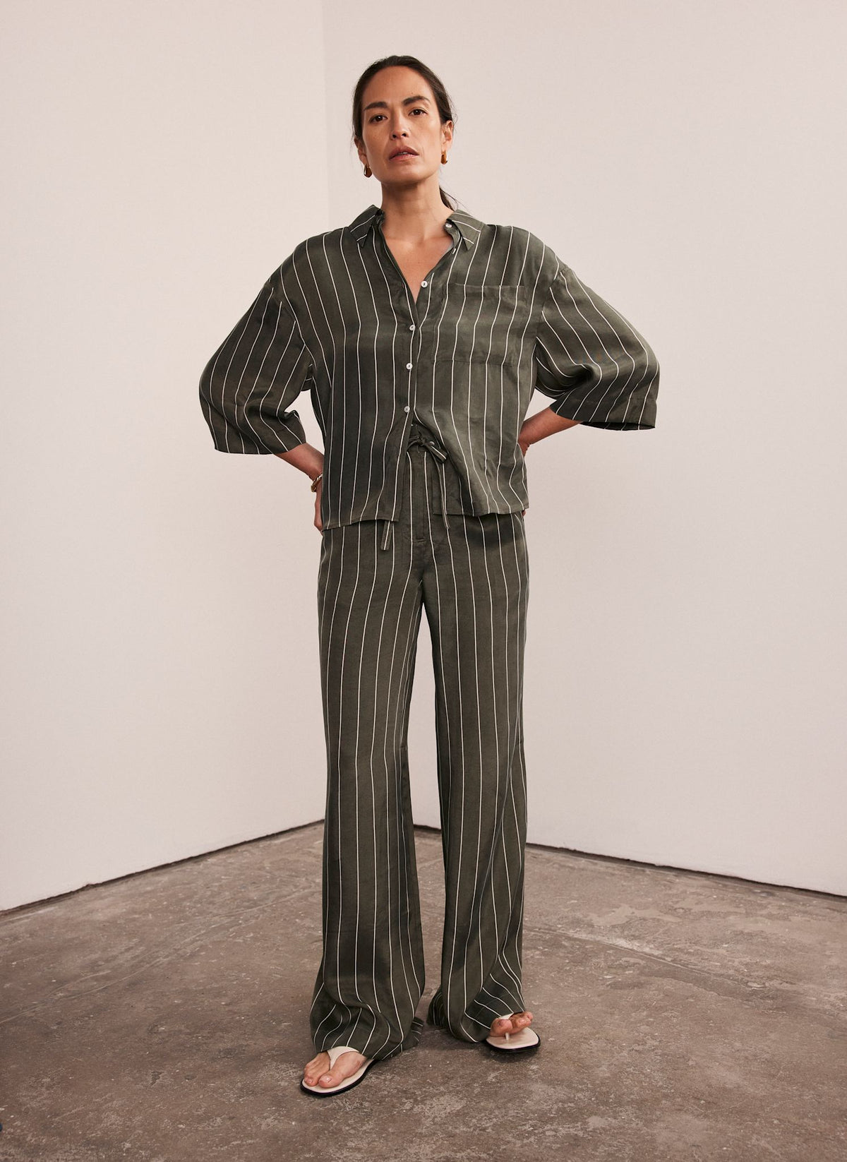 Khaki Striped Wide Trousers