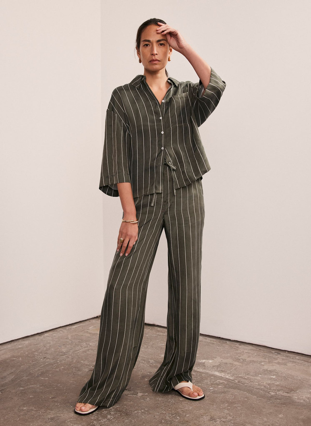 Khaki Striped Wide Trousers