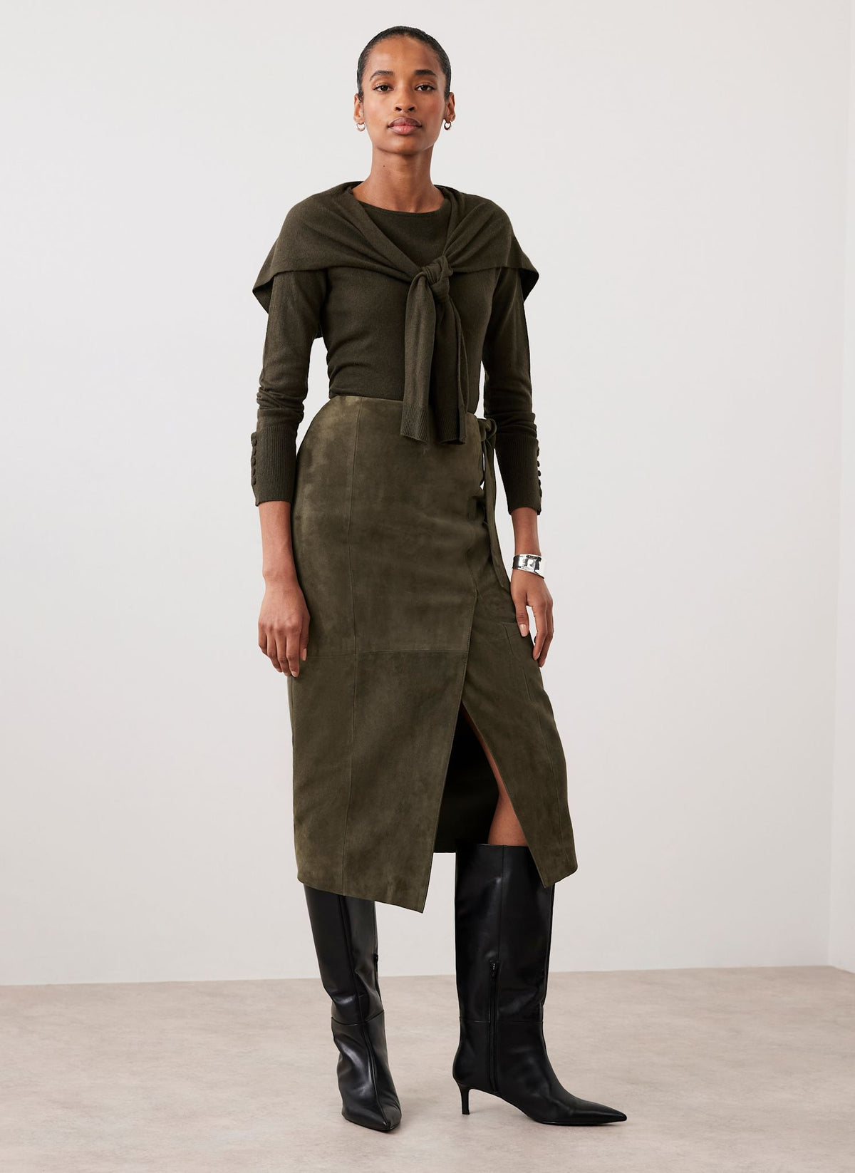 Khaki Suede Midi Skirt