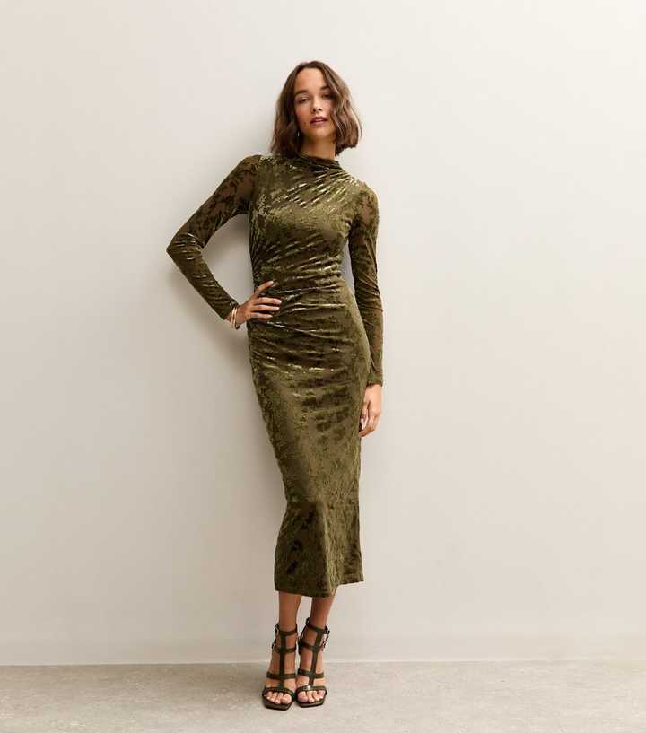 Light Khaki Velvet Floral Devore Long Sleeve Midaxi Dress