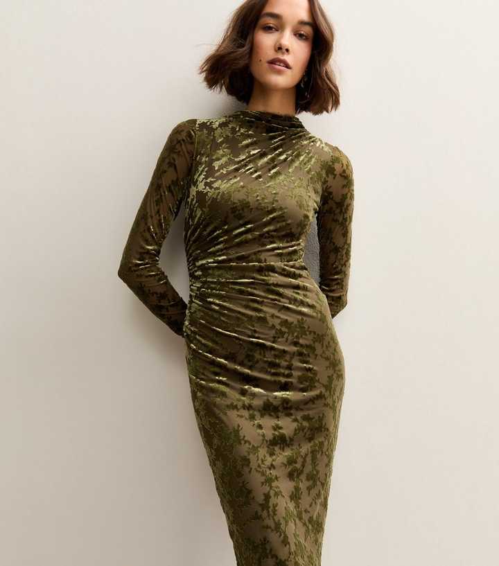 Light Khaki Velvet Floral Devore Long Sleeve Midaxi Dress