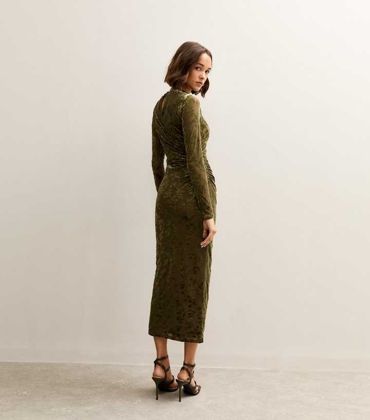 Light Khaki Velvet Floral Devore Long Sleeve Midaxi Dress
