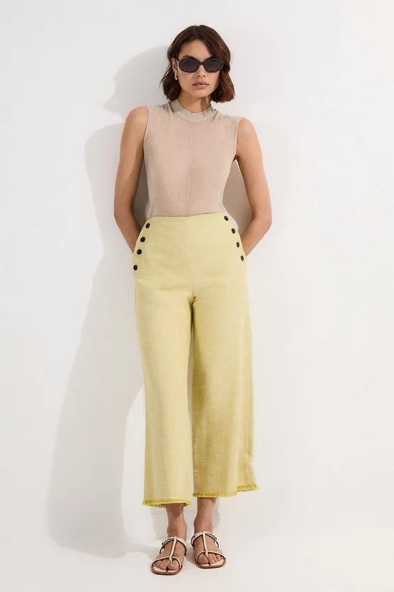 Spring Tweed Tailored Button Detail Cropped Wide Leg Trousers