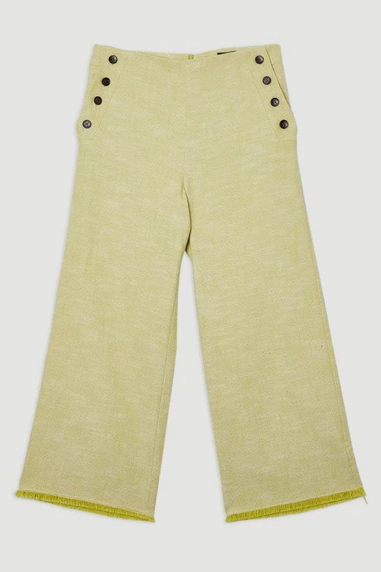 Spring Tweed Tailored Button Detail Cropped Wide Leg Trousers