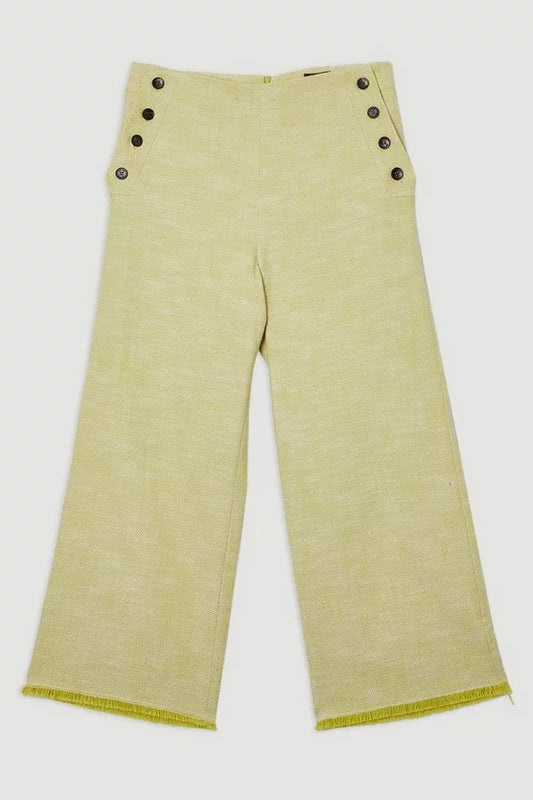 Spring Tweed Tailored Button Detail Cropped Wide Leg Trousers