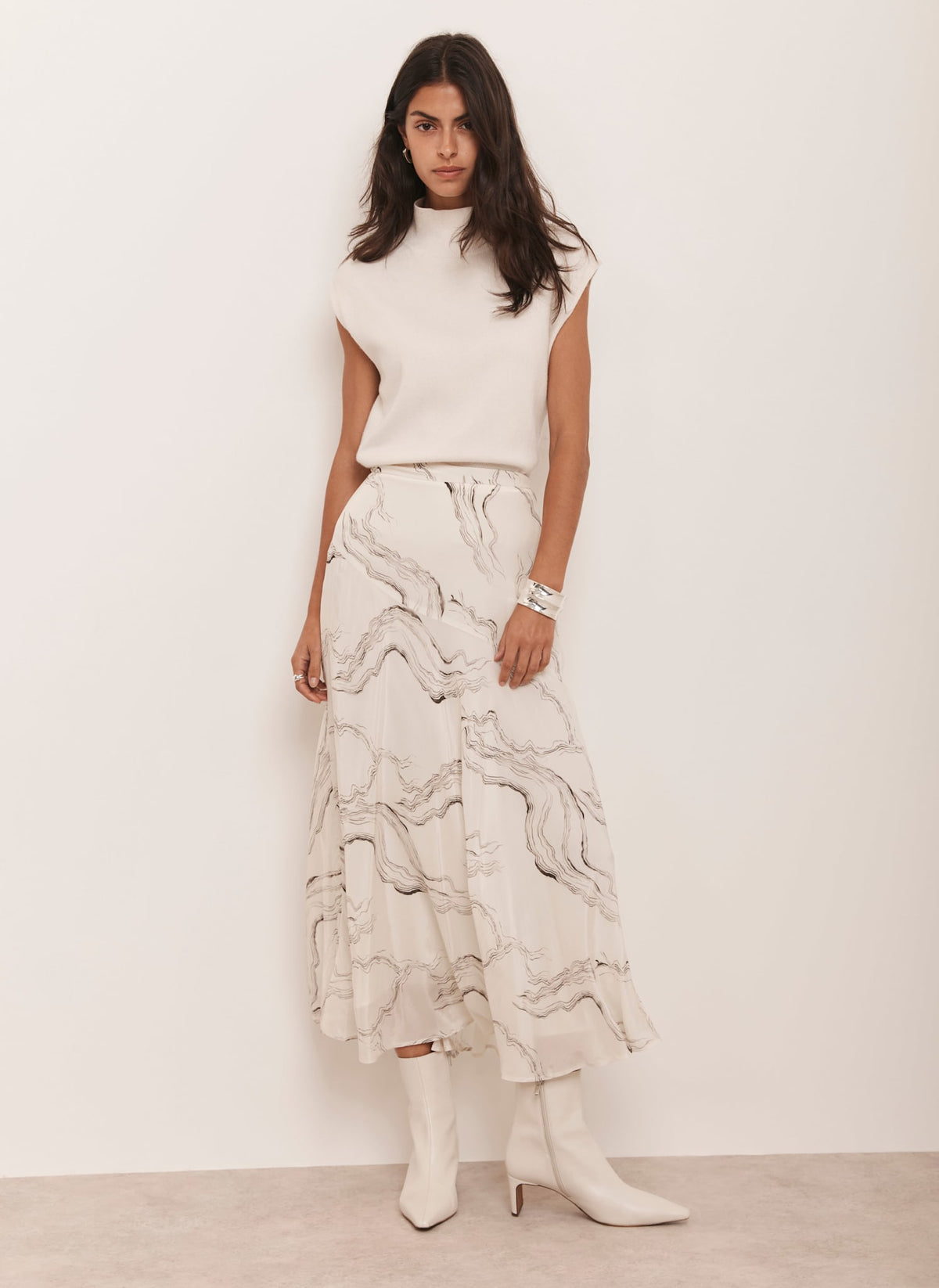 Cream Marble Print Midi Skirt