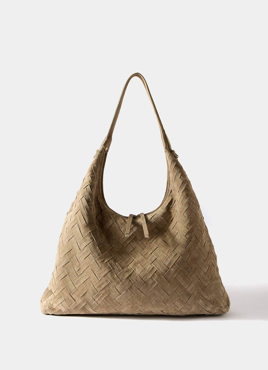 May Neutral Woven Suede Shoulder Bag