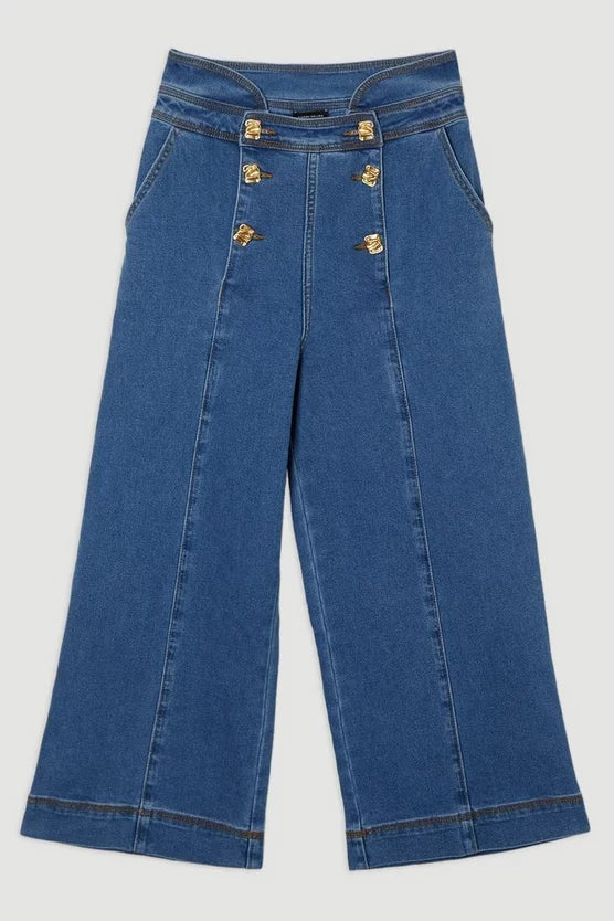 Denim Button Front Culottes Trousers