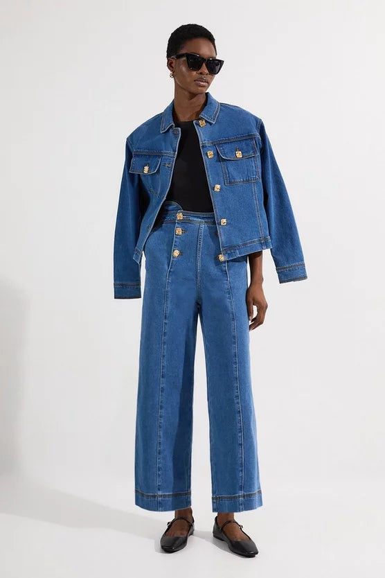Denim Button Front Culottes Trousers