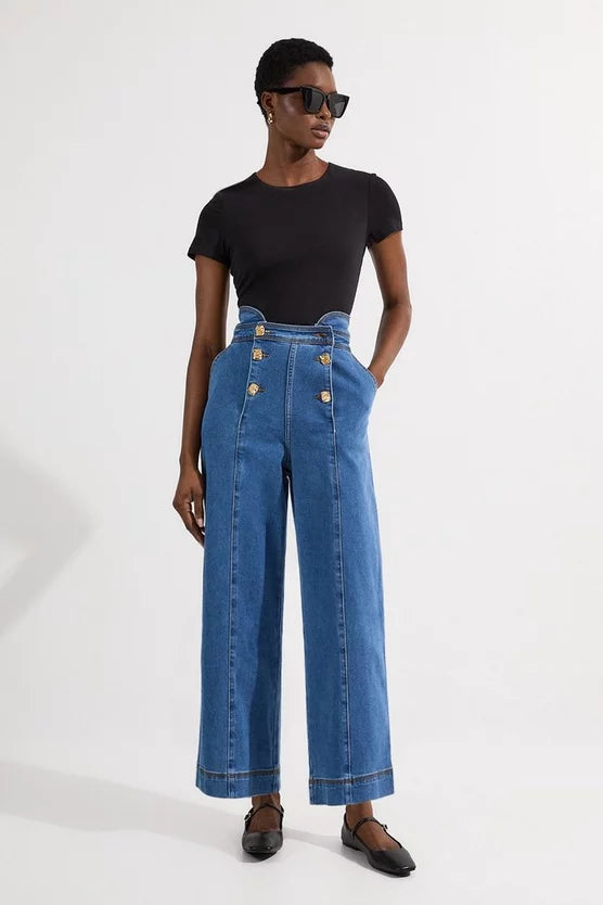 Denim Button Front Culottes Trousers