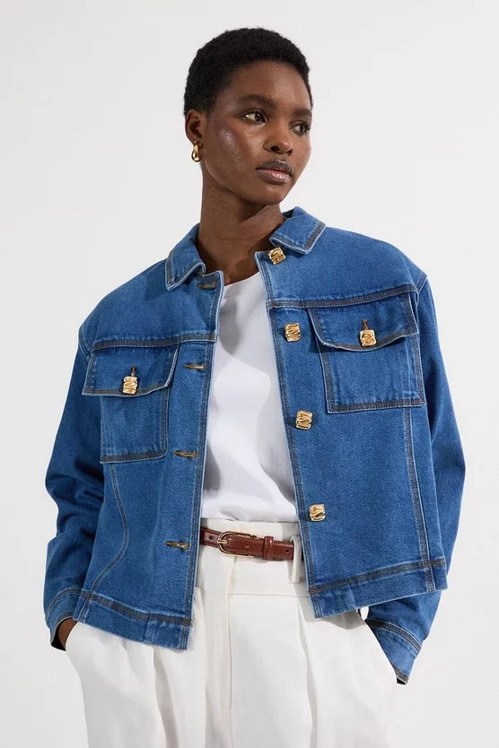 Denim Button Front Tailored Jacket