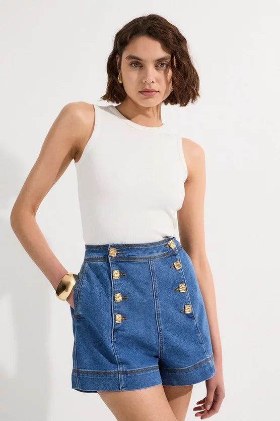 Denim Button Front Tailored Shorts