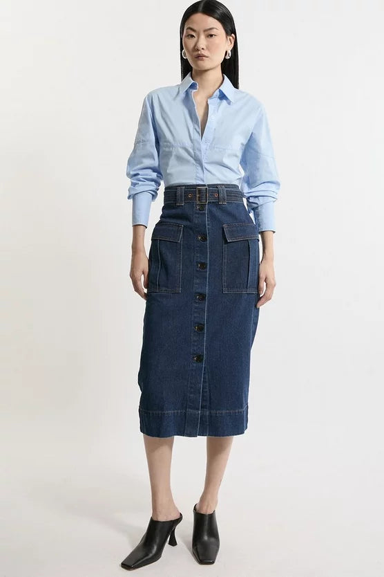 Denim Cargo Pocket Belted Midi Skirt