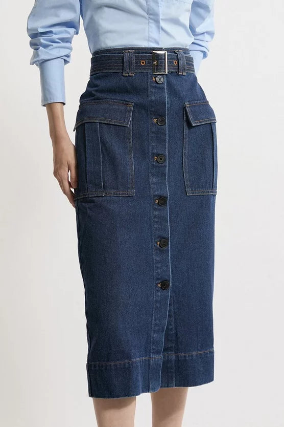 Denim Cargo Pocket Belted Midi Skirt