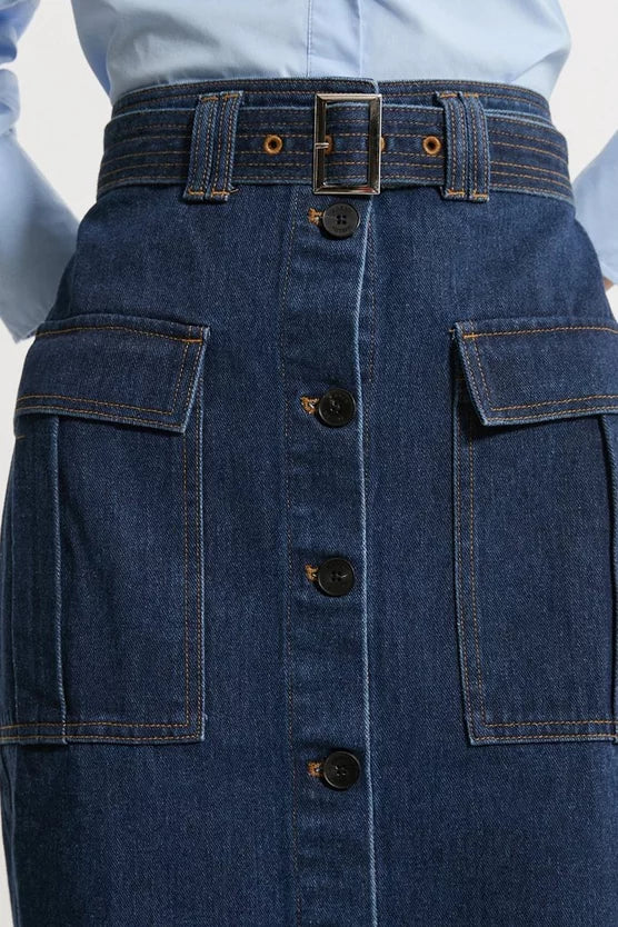Denim Cargo Pocket Belted Midi Skirt