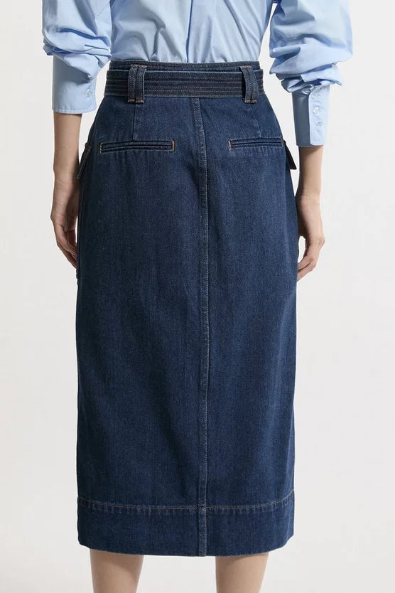 Denim Cargo Pocket Belted Midi Skirt