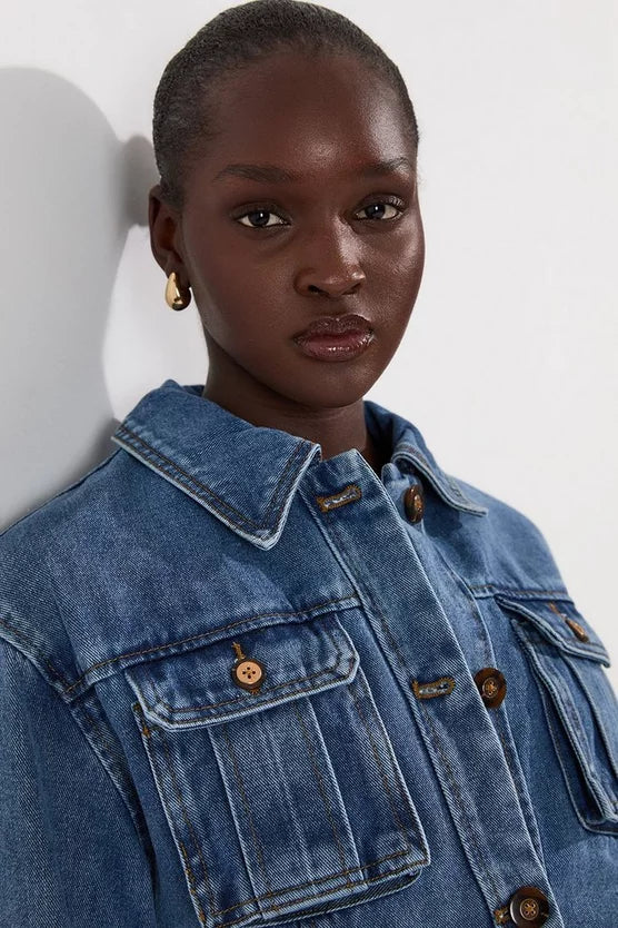 Denim Pocket Detail Belted Safari Jacket