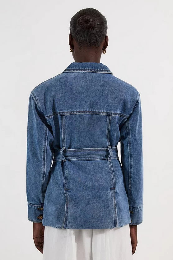 Denim Pocket Detail Belted Safari Jacket
